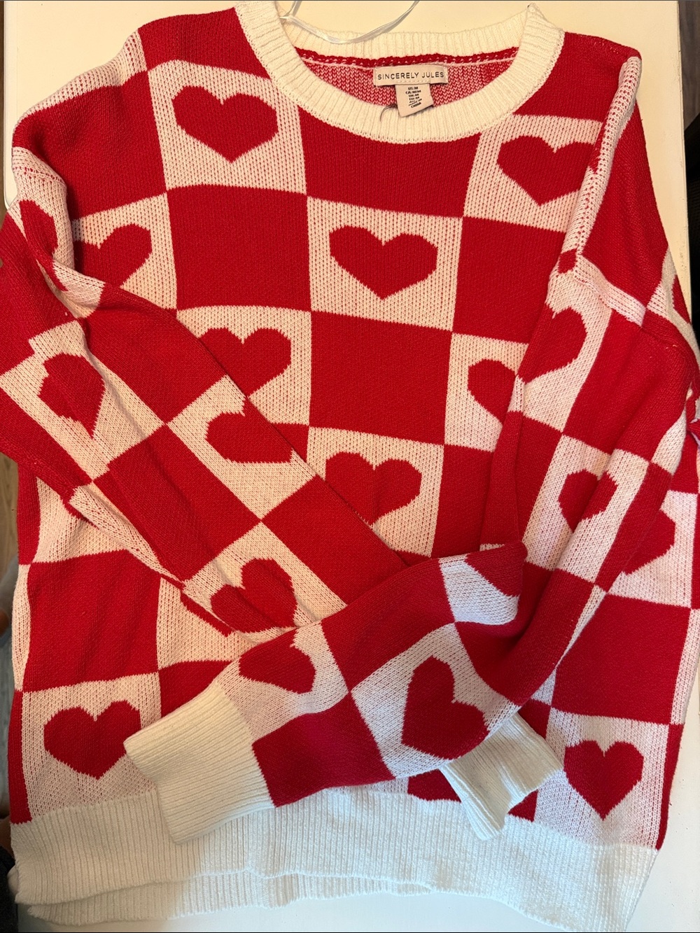 Sincerly Jules Red and Cream Checkerboard Heart Crewneck Sweater